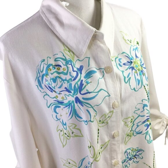 Napa Valley Linen Blend Beaded Sequin Plus Size Top 3/4 Sleeve Embellished - Picture 3 of 11